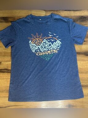 Adventure Awaits Mountain Heart Graphic Tee - Blue